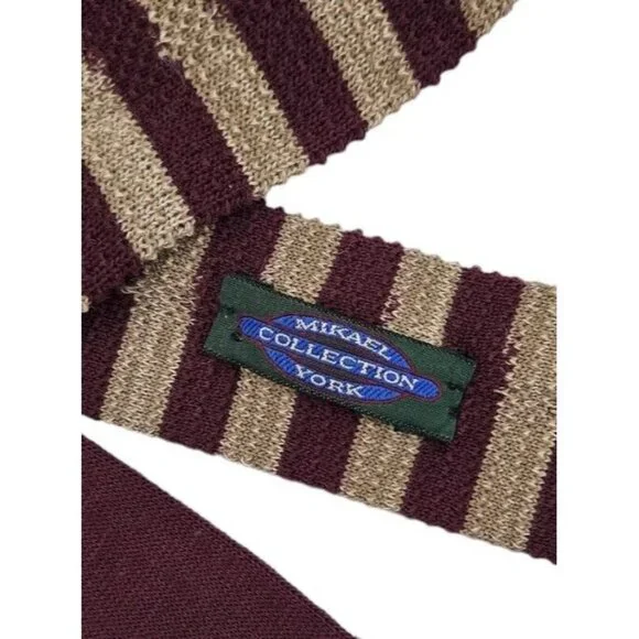 MIKAEL YORK Men's 100% New Wool Knit Necktie LUXURY Red Beige Striped W:3" EUC